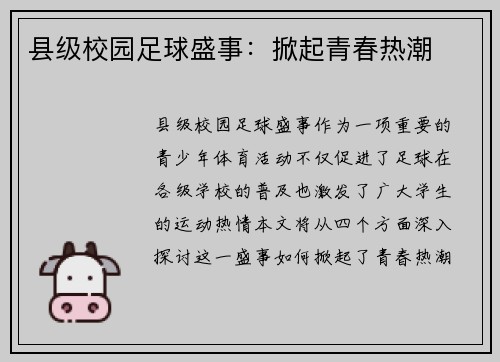 县级校园足球盛事：掀起青春热潮