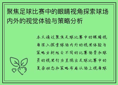 聚焦足球比赛中的眼睛视角探索球场内外的视觉体验与策略分析