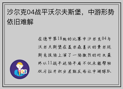 沙尔克04战平沃尔夫斯堡，中游形势依旧难解